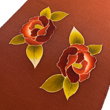Rust Chirimen, Three Camellias on 3-5/8 Yard Piece, Vintage Kimono Silk Piece from Japan 13.5" x 130"  #776