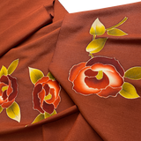 Rust Chirimen, Three Camellias on 3-5/8 Yard Piece, Vintage Kimono Silk Piece from Japan 13.5" x 130"  #776