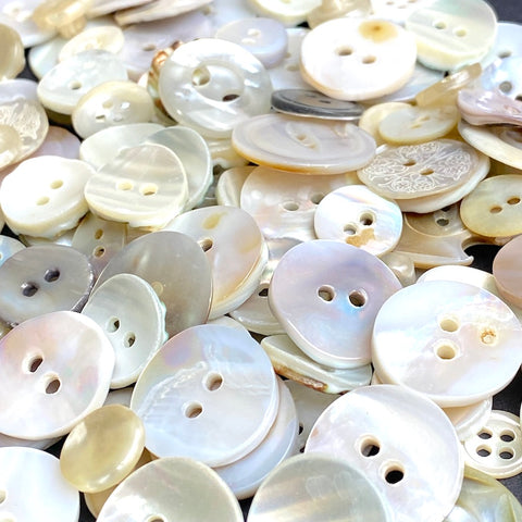 White Shell Stragglers, One Pound Mixed Sizes/Styles: 300+ Mostly MOP Pearl Shell Buttons, $27.00  #D-1025