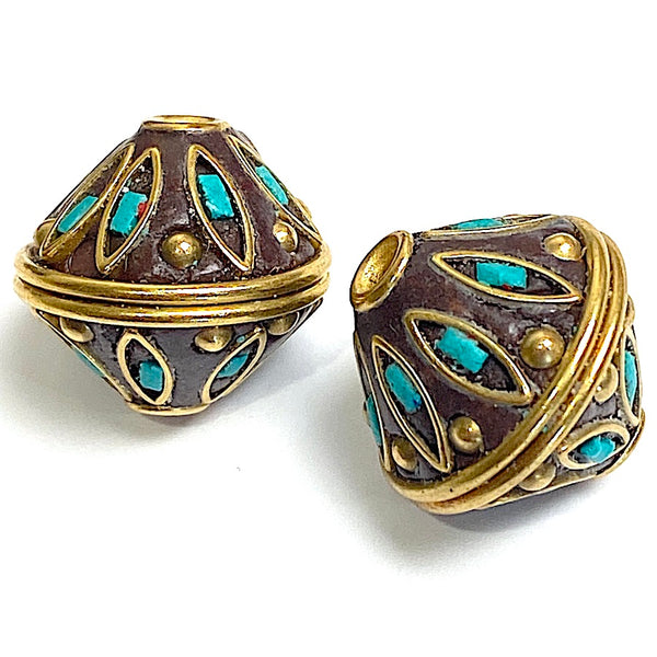 Re-Stocked at Lower Price, Brass and Turquoise Beads, Double Cone Shape 5/8"  PACK OF 4 BEADS,  #LP-125