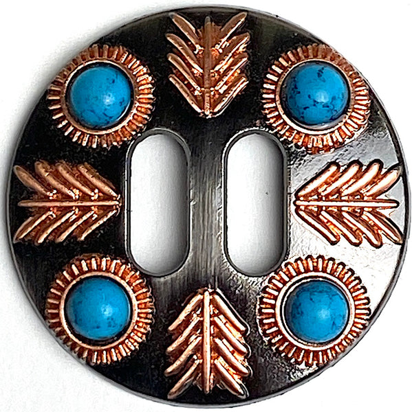 Re-Stocked, Four Copper Feathers/Four Stones Slotted Concho with 'Turquoise' 1.5"  #SWH-147