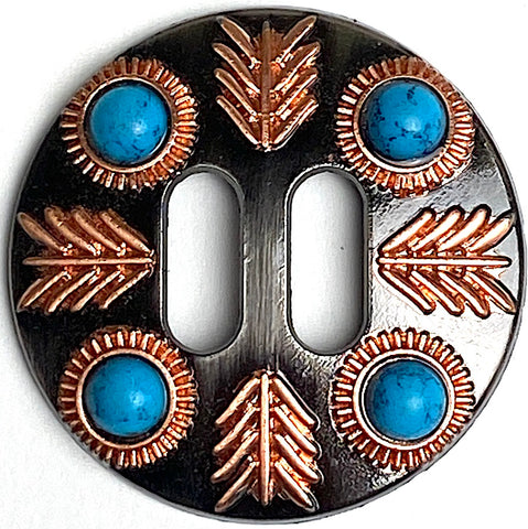 Re-Stocked, Four Copper Feathers/Four Stones Slotted Concho with 'Turquoise' 1.5"  #SWH-147