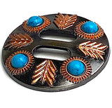 Re-Stocked, Four Copper Feathers/Four Stones Slotted Concho with 'Turquoise' 1.5"  #SWH-147