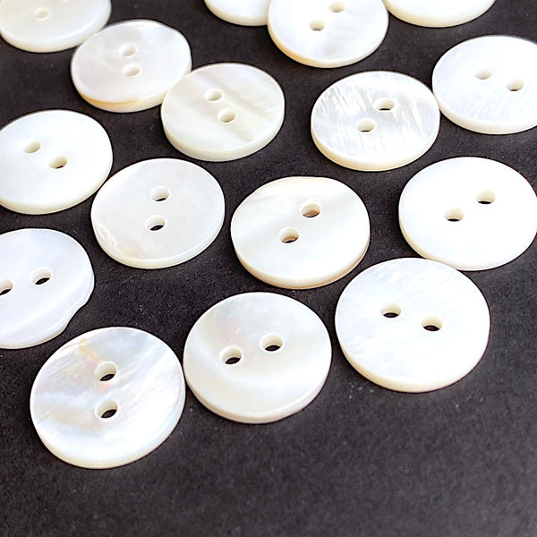 Re-Stocked, White 9/16" Two-Hole River Shell Buttons, 14mm, Possible Butterscotch Highlights, Pack of 20 # LP-67-20