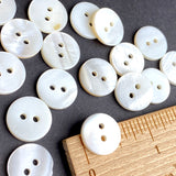 White 9/16" Two-Hole River Shell Buttons, 14mm, A Few Butterscotch Highlights, Pack of 20  # LP-67-20