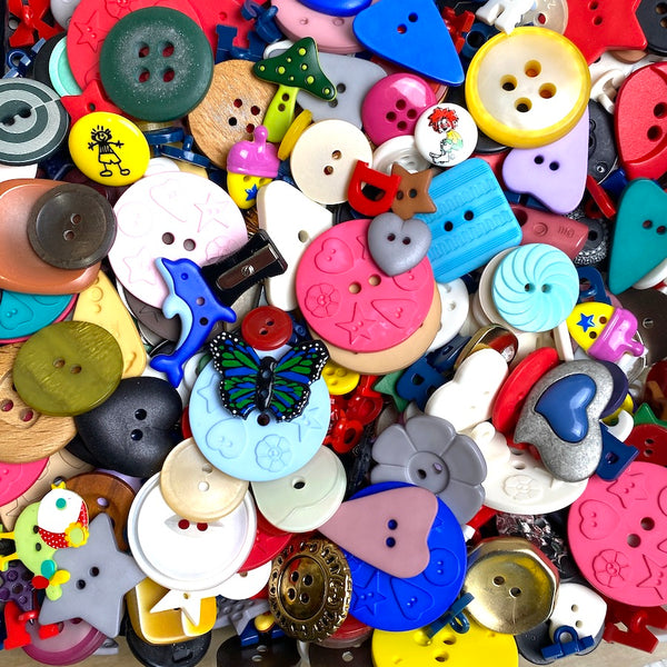 Button Fun Mix, Kids, Hearts, Letters, Animals, No Huge Ones, 3/4 POUND of New Plastic/Resin Buttons #PIE-3