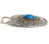 Large Pendant, Faux Turquoise Center, Silver and Gold Carvings 2.75" #CL-21