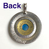 Large Pendant, Faux Turquoise Center, Silver and Gold Carvings 2.75" #CL-21