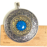 Large Pendant, Faux Turquoise Center, Silver and Gold Carvings 2.75" #CL-21