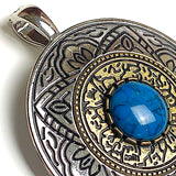 Large Pendant, Faux Turquoise Center, Silver and Gold Carvings 2.75" #CL-21