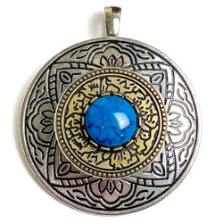 Large Pendant, Faux Turquoise Center, Silver and Gold Carvings 2.75" #CL-21