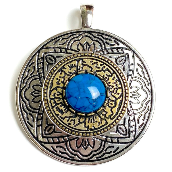 Large Pendant, Faux Turquoise Center, Silver and Gold Carvings 2.75" #CL-21