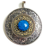 Large Pendant, Faux Turquoise Center, Silver and Gold Carvings 2.75" #CL-21