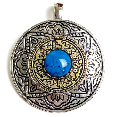 Large Pendant, Faux Turquoise Center, Silver and Gold Carvings 2.75" #CL-21