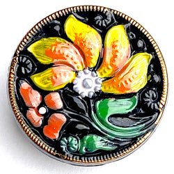 Running Low, Black, Orange, Yellow, Green 7/8" Czech Glass Hand Painted Flower Button 22mm  # CZ 242