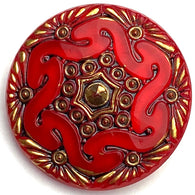 Re-Stocked, Red Handpainted Czech Lacy Glass Button, 1-1/8", Susan Clarke #SC-1519F