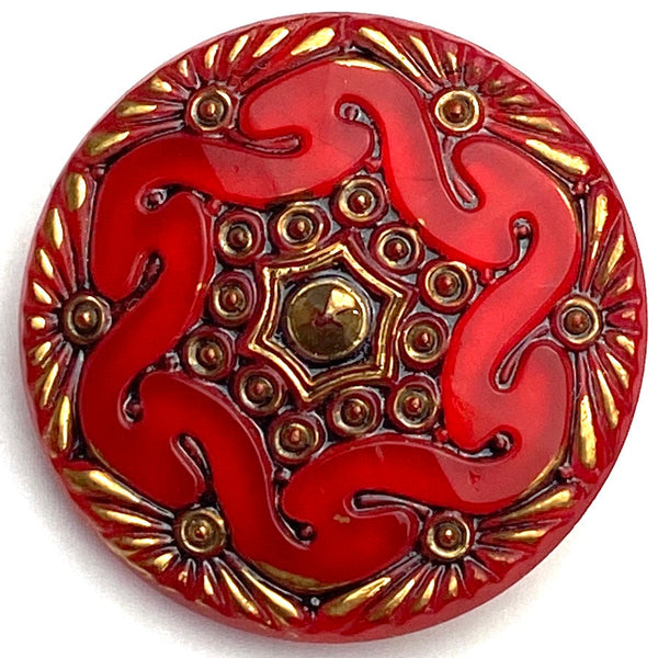 Re-Stocked, Red Handpainted Czech Lacy Glass Button, 1-1/8", Susan Clarke #SC-1519F