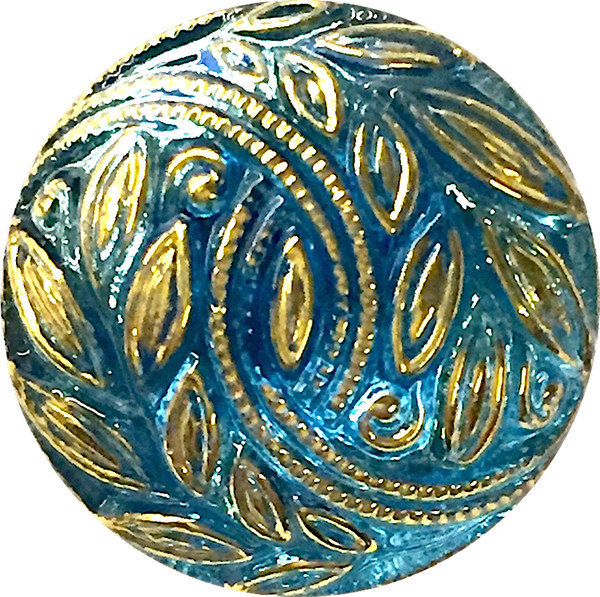 Re-Stocked Blue & Gold Laurel Leaves Czech Glass Button 18mm / 3/4" # CZ-178