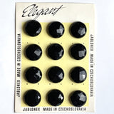 Card of 12 Vintage Faceted Black Czech Glass 15/16" Buttons, Opaque Shiny, Shank Back #VB-39-12