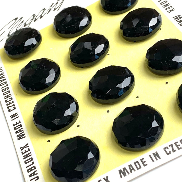 Card of 12 Vintage Faceted Black Czech Glass 15/16" Buttons, Opaque Shiny, Shank Back #VB-39-12