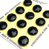 Card of 12 Vintage Faceted Black Czech Glass 15/16" Buttons, Opaque Shiny, Shank Back #VB-39-12