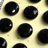 Card of 12 Vintage Faceted Black Czech Glass 15/16" Buttons, Opaque Shiny, Shank Back #VB-39-12