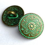 Re-Stocked, Green + Brass Daisy Swirls Metal Button  5/8" / 15mm  #L475