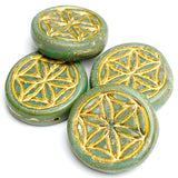 Sacred Geometry Flower, Large Round "Coin" Green/Gold Czech Glass Bead,  3/4" / 20mm, #L-873