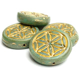 Sacred Geometry Flower, Large Round "Coin" Green/Gold Czech Glass Bead,  3/4" / 20mm, #L-873