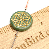Sacred Geometry Flower, Large Round "Coin" Green/Gold Czech Glass Bead,  3/4" / 20mm, #L-873
