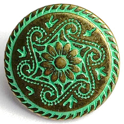 Re-Stocked, Green + Brass Daisy Swirls Metal Button  5/8" / 15mm  #L475