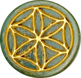 Sacred Geometry Flower, Large Round "Coin" Green/Gold Czech Glass Bead,  3/4" / 20mm, #L-873