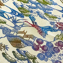 Cranes, Bridges & Blossoms, Bingata Hand-Stenciled Vintage Kimono Silk Chirimen Crepe Piece 14" x 33"  # 6320