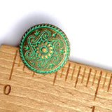 Re-Stocked, Green + Brass Daisy Swirls Metal Button  5/8" / 15mm  #L475
