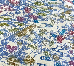 Cranes, Bridges & Blossoms, Bingata Hand-Stenciled Vintage Kimono Silk Chirimen Crepe Piece 14" x 33"  # 6320