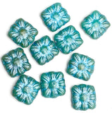 SALE Turquoise-Blue-Green Flower Square Beads, Czech Glass 3/8"-7/16"  9mm  Pack of 10, # L-246 (Copy)