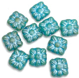 SALE Turquoise-Blue-Green Flower Square Beads, Czech Glass 3/8"-7/16"  9mm  Pack of 10, # L-246 (Copy)
