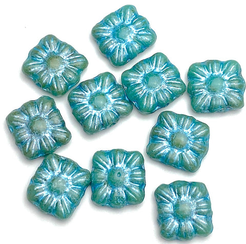 SALE Turquoise-Blue-Green Flower Square Beads, Czech Glass 3/8"-7/16"  9mm  Pack of 10, # L-246 (Copy)