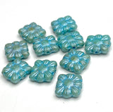 SALE Turquoise-Blue-Green Flower Square Beads, Czech Glass 3/8"-7/16"  9mm  Pack of 10, # L-246 (Copy)