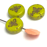 TWELVE Bee on Kiwi Green Czech Glass Round Beads 1/2" / 12mm, #L-875
