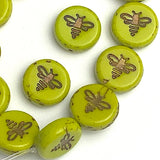 TWELVE Bee on Kiwi Green Czech Glass Round Beads 1/2" / 12mm, #L-875