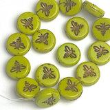 TWELVE Bee on Kiwi Green Czech Glass Round Beads 1/2" / 12mm, #L-875