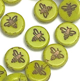 TWELVE Bee on Kiwi Green Czech Glass Round Beads 1/2" / 12mm, #L-875