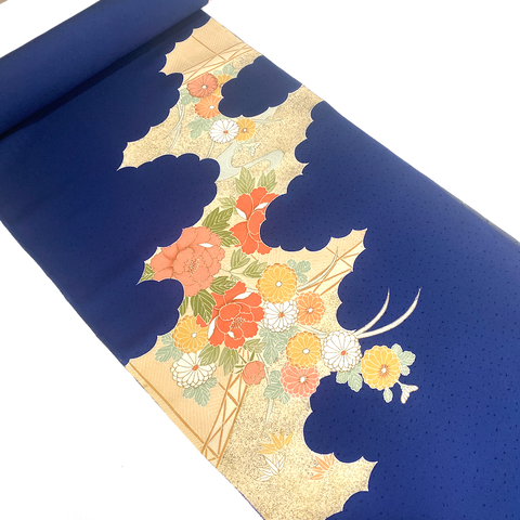 Full BOLT of Vintage Navy Furisode Kimono Miyoshi Chirimen Crepe Silk, Traditional Floral from Japan #221