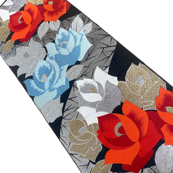 Red, Blue, Silver and Gold Large Roses Vintage Obi, Heavy Thick Silk and Metallic from Japan #222