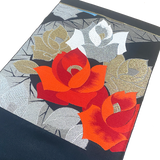 Red, Blue, Silver and Gold Large Roses Vintage Obi, Heavy Thick Silk and Metallic from Japan #222