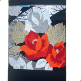Red, Blue, Silver and Gold Large Roses Vintage Obi, Heavy Thick Silk and Metallic from Japan #222