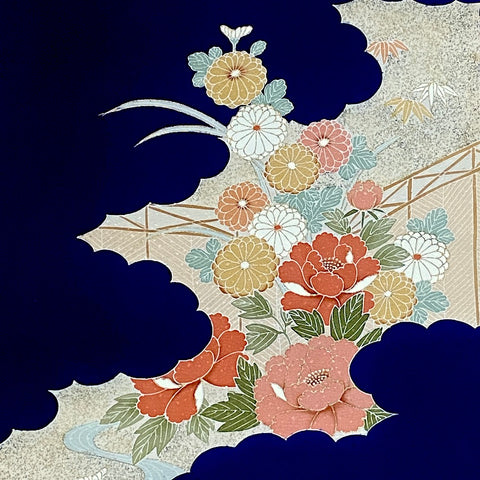 Full BOLT of Vintage Navy Furisode Kimono Miyoshi Chirimen Crepe