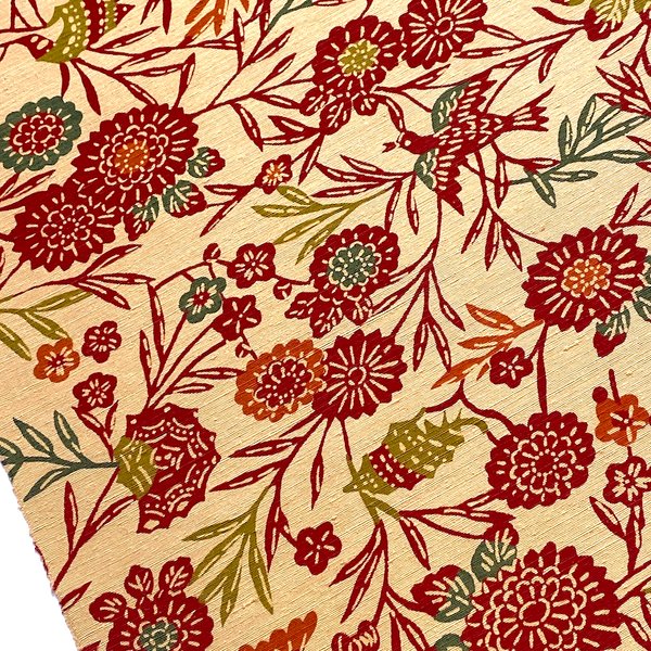 Birds, Bamboo, Flowers on Sandy Tan, Colorful Bingata, Vintage Kimono Silk Piece 14" x 90". #2541