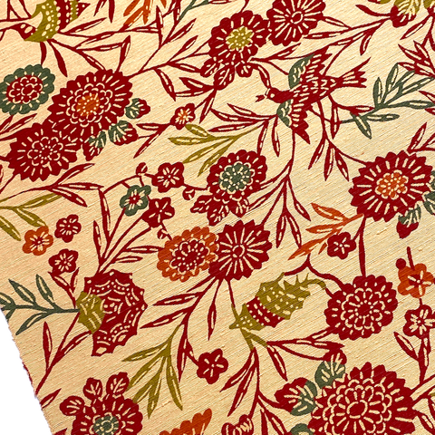Birds, Bamboo, Flowers on Sandy Tan, Colorful Bingata, Vintage Kimono Silk Piece 14" x 90". #2541